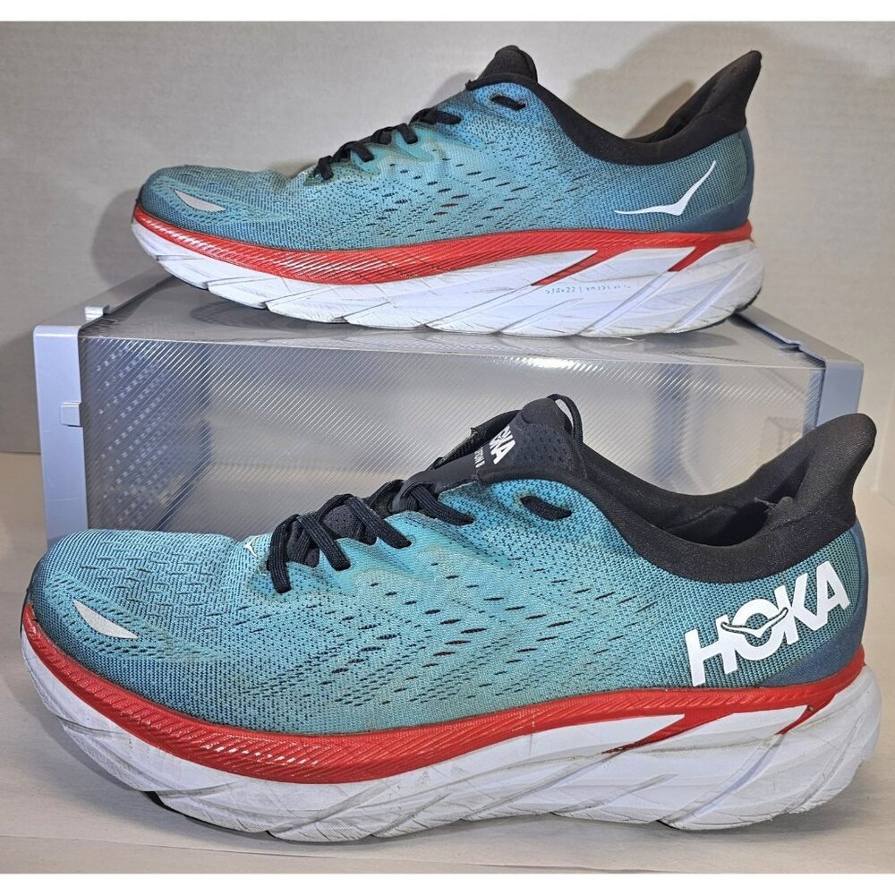 RARE🔥 Hoka Men's One M Clifton 8 Running  Sneaker Aqua Solar/Red/White Sz 11.5D
